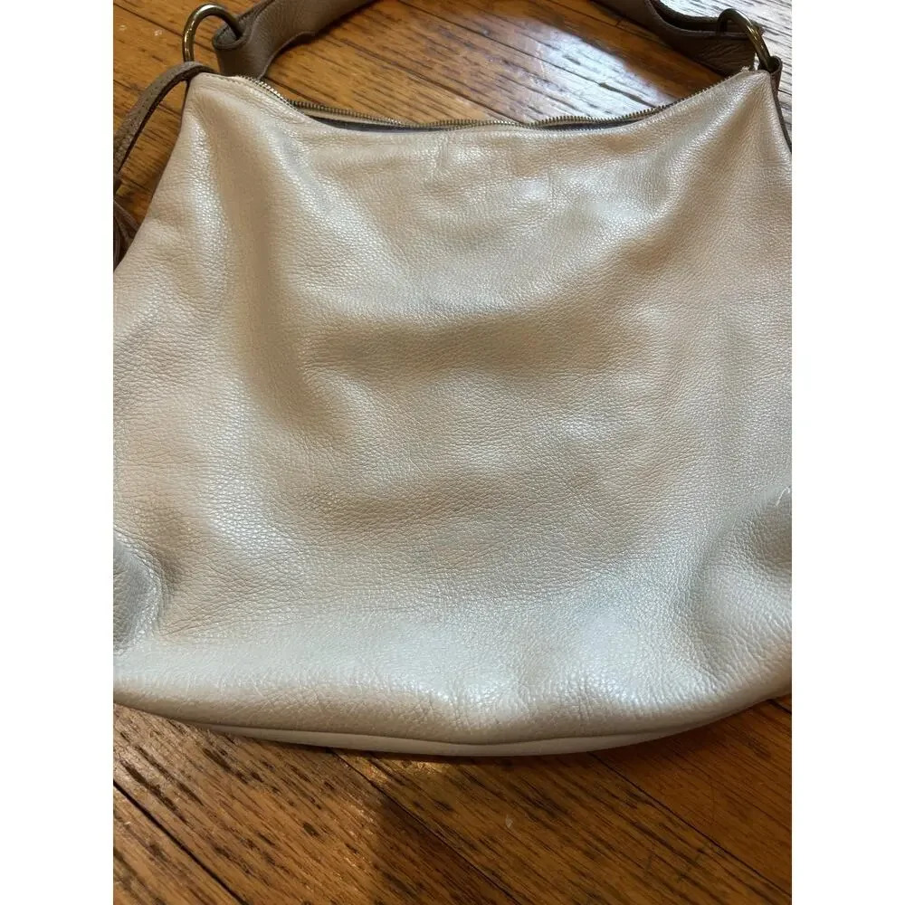 Molly G Hobo Shoulder Bag Womens Beige Leather Tassel Slouchy Purse Tote Boho
